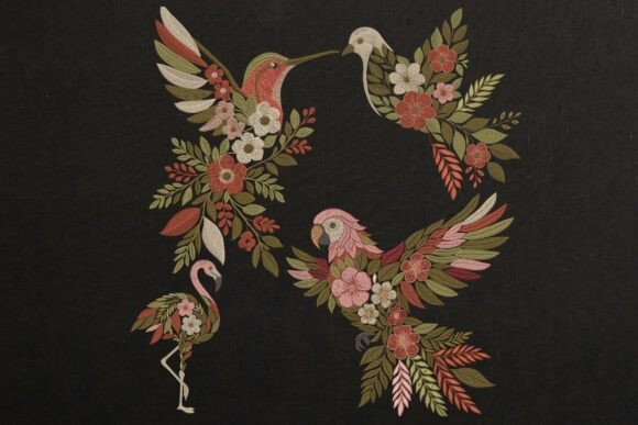 Floral Tropical Birds in Black
